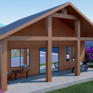 May include: A wooden house with a large porch and a covered roof. The house has a light brown wood exterior and a dark brown roof. There is a motorcycle parked on the porch.