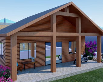 Charming 952 sqft Tiny Studio Cabin Plans Open Concept with Kitchen, Living area, and Washroom