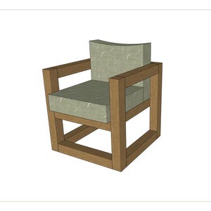 May include: A wooden chair with a light green cushion. The chair has a simple, modern design with a square frame and a slightly curved back.