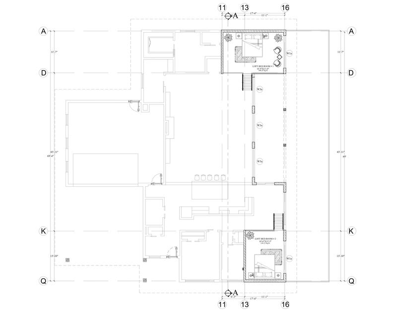 Puede incluir: Un plano de planta arquitect&oacute;nico en blanco y negro de una casa con una gran sala de estar, cocina y dormitorios. El plano incluye medidas en pies.