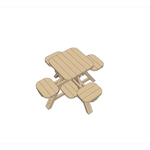 May include: A wooden picnic table with four seats. The table and seats are made of natural wood and have a light brown color.