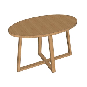 May include: A wooden oval table with a simple, modern design. The table has a light brown finish and a cross-shaped base.