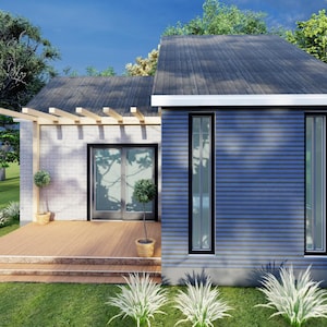 Peut inclure: Une maison moderne avec un ext&eacute;rieur bleu et un toit gris fonc&eacute;. La maison dispose de grandes fen&ecirc;tres et d'une terrasse en bois. L'am&eacute;nagement paysager comprend des arbres et de l'herbe.