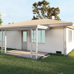 Plannen voor 36 x 25 houten huis - 900 m², 2 slaapkamers, keuken, woonkamer, bijkeuken, plattegrond en hoogte
