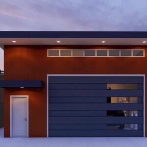 May include: A modern, single-story garage with a dark gray, sectional garage door and a smaller, solid door on the side. The garage is painted a rusty orange color with a black trim around the windows and roof.