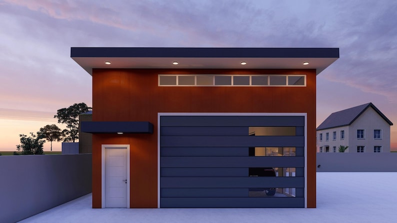 May include: A modern, single-story garage with a dark gray, sectional garage door and a smaller, solid door on the side. The garage is painted a rusty orange color with a black trim around the windows and roof.