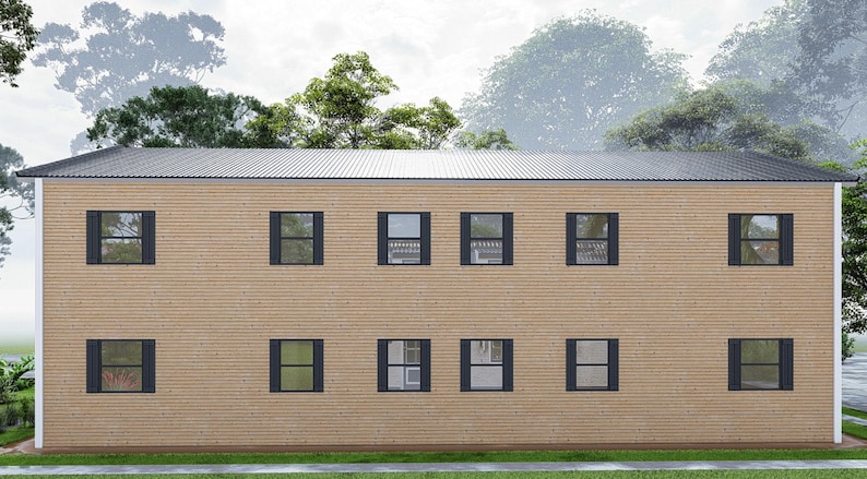 Puede incluir: Un edificio de dos pisos con revestimiento de madera marr&oacute;n claro y techo de metal gris. El edificio tiene varias ventanas con marcos negros.