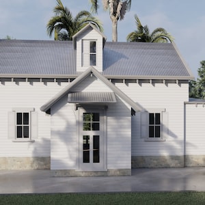 May include: A white cottage with a metal roof, a front door with glass panels, and two windows with white shutters. The cottage is surrounded by palm trees and green grass.