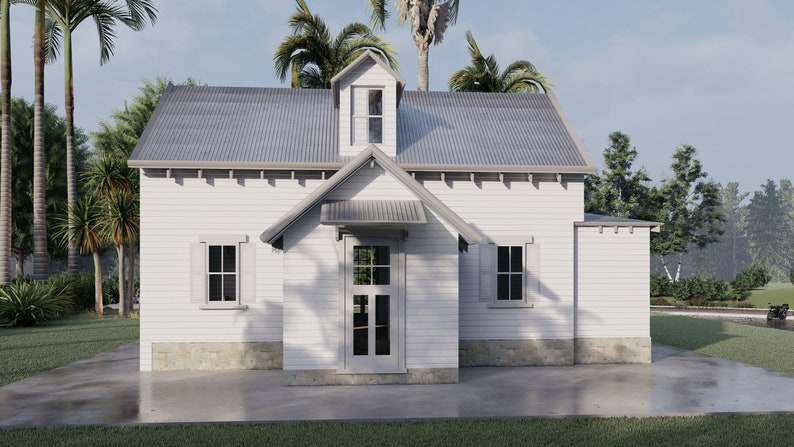 May include: A white cottage with a metal roof, a front door with glass panels, and two windows with white shutters. The cottage is surrounded by palm trees and green grass.