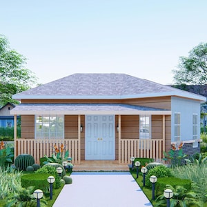 522 vierkante voet 2-slaapkamer Tiny Home-ontwerpplannen met veranda, keuken en gedeelde wasruimte - plattegronden, verhogingen, dak en fundering