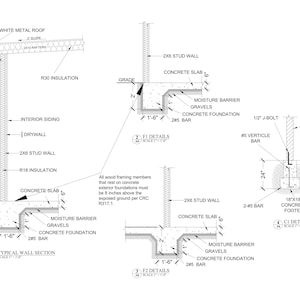 May include: A detailed architectural drawing of a typical wall section with a concrete foundation, showing the placement of insulation, studs, and other building materials. The drawing includes labels for each component, such as "R30 Insulation", "2x6 Stud Wall", and "Concrete Slab".