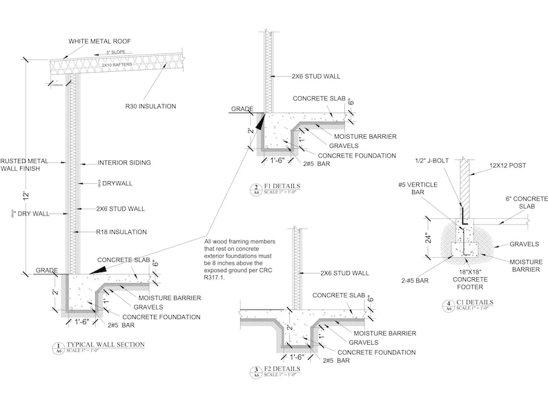 May include: A detailed architectural drawing of a typical wall section with a concrete foundation, showing the placement of insulation, studs, and other building materials. The drawing includes labels for each component, such as "R30 Insulation", "2x6 Stud Wall", and "Concrete Slab".