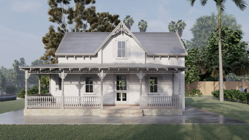 May include: A white, two-story house with a wraparound porch and a gabled roof. The house has white trim and a gray metal roof. The porch has white railings and a white wooden floor. There are trees and bushes in the background.