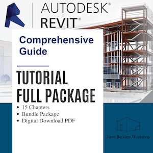May include: A digital download guide for Autodesk Revit, a software used for building information modeling (BIM). The guide includes 15 chapters and is a full package bundle. The image features a 3D rendering of a building with a steel frame.