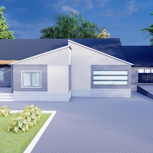 May include: A modern, two-story house with a gray exterior and a black roof. The house has a large front porch with a wooden railing and a set of stairs leading up to the front door. There are two windows on the front of the house, one on each floor. The house is surrounded by a lush green lawn and trees.