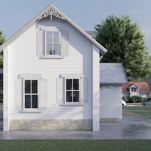 May include: A white, two-story house with a porch and shutters. The house has a gabled roof and a dormer window. The house is surrounded by trees and grass.