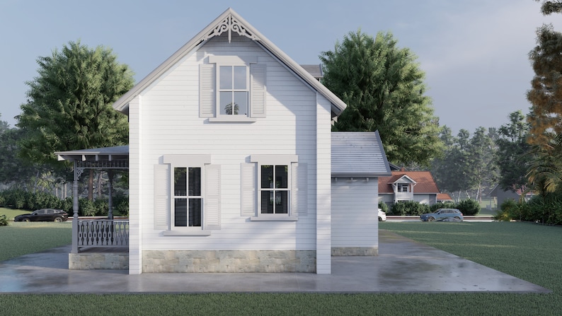 May include: A white, two-story house with a porch and shutters. The house has a gabled roof and a dormer window. The house is surrounded by trees and grass.