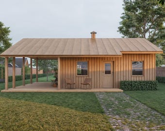 24'x24' Tiny Home Cabin Building Plans - 2 Bedrooms, Living Room, Kitchen, Porch & Carport