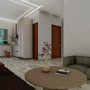 Puede incluir: Un interior de sala de estar moderno con un sof&aacute; marr&oacute;n, una mesa de caf&eacute; y una planta. La habitaci&oacute;n tiene paredes blancas y un suelo de baldosas.