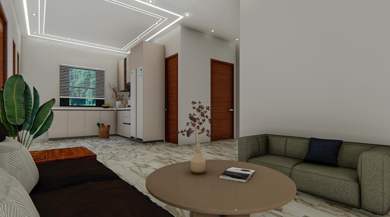 Puede incluir: Un interior de sala de estar moderno con un sof&aacute; marr&oacute;n, una mesa de caf&eacute; y una planta. La habitaci&oacute;n tiene paredes blancas y un suelo de baldosas.