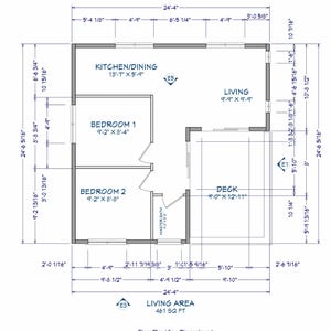 Peut inclure: Plan d'&eacute;tage d&eacute;taill&eacute; avec des dimensions en pieds et en pouces. Le plan comprend une cuisine/salle &agrave; manger, deux chambres, un salon, une terrasse et une salle de bain principale. La surface habitable est de 461 pieds carr&eacute;s.