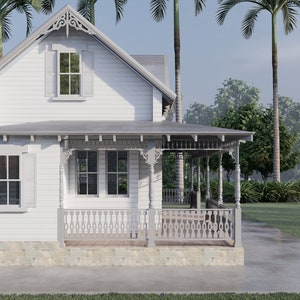 May include: A white, two-story house with a wraparound porch and a decorative trim. The house has a gray roof and white shutters on the windows. The porch has a white railing and a white floor. The house is surrounded by palm trees and lush greenery.