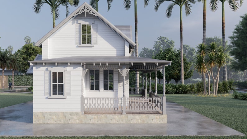 May include: A white, two-story house with a wraparound porch and a decorative trim. The house has a gray roof and white shutters on the windows. The porch has a white railing and a white floor. The house is surrounded by palm trees and lush greenery.