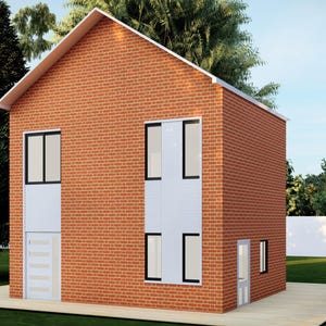 May include: A two-story brick house with white trim and windows. The house has a small yard with green grass and trees in the background.