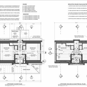 May include: Black and white architectural blueprint of a two-bedroom house with a bathroom and a porch roof. The blueprint includes notes for floor plan, reflected ceiling plan, and electrical notes.