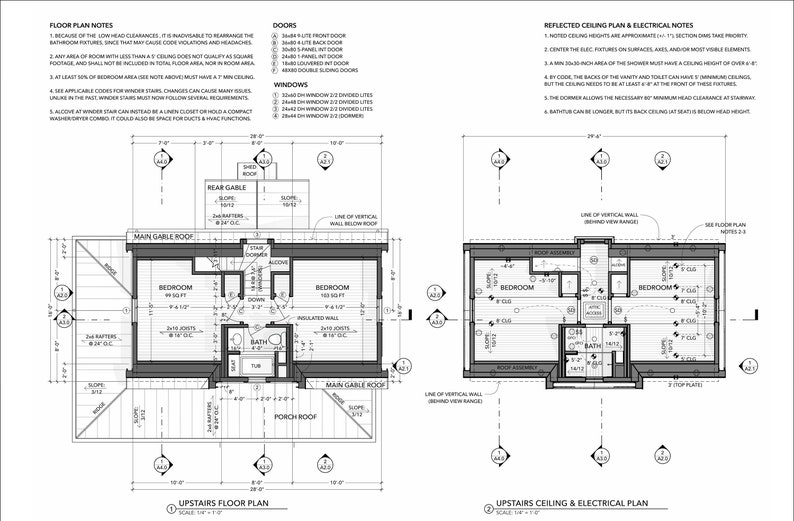 May include: Black and white architectural blueprint of a two-bedroom house with a bathroom and a porch roof. The blueprint includes notes for floor plan, reflected ceiling plan, and electrical notes.