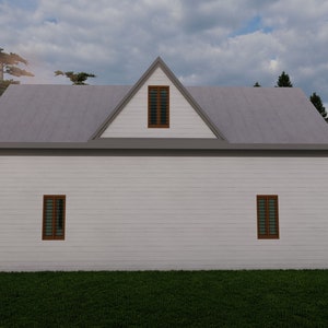 May include: A white, single-story house with a gabled roof and three windows. The house is surrounded by green grass and trees.