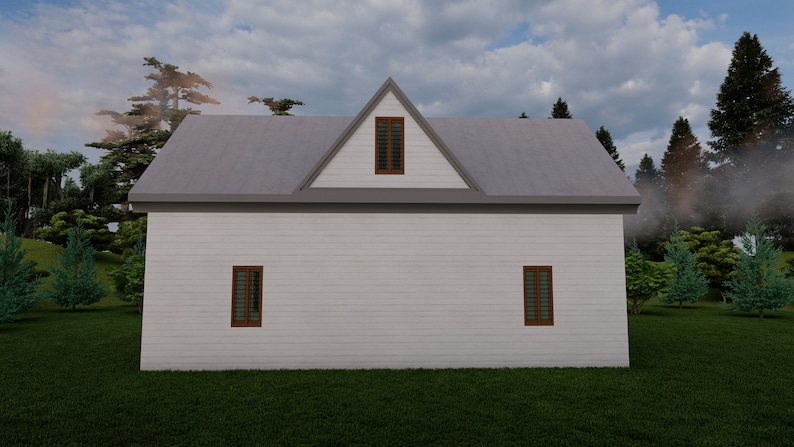 May include: A white, single-story house with a gabled roof and three windows. The house is surrounded by green grass and trees.
