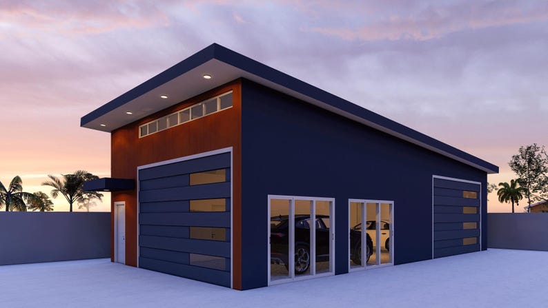 May include: A modern, two-car garage with a blue exterior and a rust-colored accent wall. The garage has two large, sectional garage doors and a set of glass doors that open to reveal a car inside.