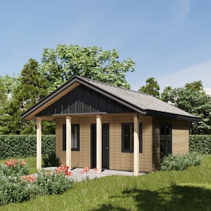 May include: A small, wooden cabin with a black roof and a porch. The cabin is surrounded by green grass and bushes.