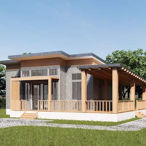 May include: A modern, single-story house with a gray brick exterior and a wooden pergola covering the front porch. The house has large windows and a wooden deck.