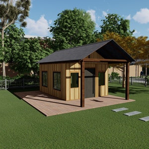 Doe-het-zelf bouwplannen houten schuur - 16'x11', 182 sqft met wikkel rond terras, stap voor stap instructies en materialenlijst