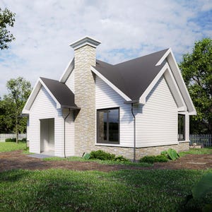 May include: A white, single-story house with a stone chimney and a black roof. The house has a large window on the side and a small door on the front. The house is surrounded by green grass and trees.