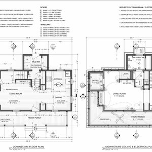 May include: Black and white architectural floor plan for a house with a living room, kitchen, dining room, office, mud room, and front porch. The plan includes notes for doors, windows, and electrical wiring.