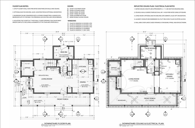 May include: Black and white architectural floor plan for a house with a living room, kitchen, dining room, office, mud room, and front porch. The plan includes notes for doors, windows, and electrical wiring.