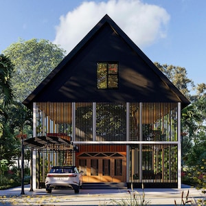 Planos de casas con mosquiteros de 36' x 36': diseño moderno con mosquiteros, postes de madera, loft y espacios abiertos: diseño detallado