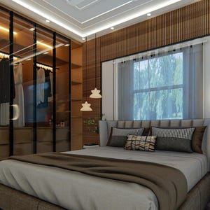 Puede incluir: Un dormitorio con una cama grande con un edred&oacute;n marr&oacute;n y una cabecera de madera. La cama est&aacute; junto a una ventana con cortinas blancas y vistas a los &aacute;rboles. Hay una mesita de noche con una l&aacute;mpara en el lado derecho de la cama. La habitaci&oacute;n tiene un dise&ntilde;o moderno con paneles de madera en las paredes y una puerta de armario de vidrio.