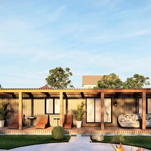 May include: A modern, wooden cabin with a covered patio and lounge chairs. The cabin has large windows and a wooden deck. The patio is furnished with a couch and chairs.