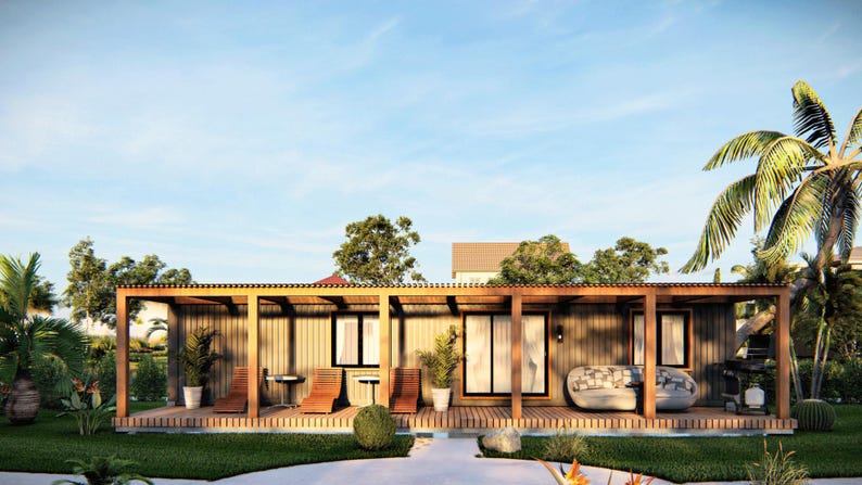 May include: A modern, wooden cabin with a covered patio and lounge chairs. The cabin has large windows and a wooden deck. The patio is furnished with a couch and chairs.