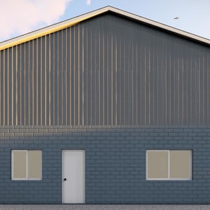 以下が含まれることがあります： 灰色の金属製の建物で、下部はレンガ造りです。建物には窓が2つとドアが1つあります。建物は緑の芝生の前にあります。