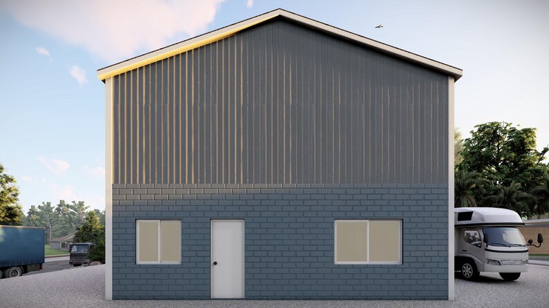 以下が含まれることがあります： 灰色の金属製の建物で、下部はレンガ造りです。建物には窓が2つとドアが1つあります。建物は緑の芝生の前にあります。