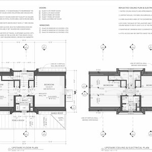 May include: Black and white architectural floor plan for a house with two bedrooms, a bathroom, and a porch. The plan includes notes about the doors, windows, and ceiling heights. The plan is labeled "Upstairs Floor Plan" and "Upstairs Ceiling & Electrical Plan".