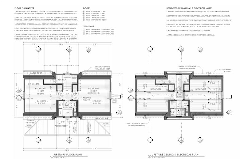 May include: Black and white architectural floor plan for a house with two bedrooms, a bathroom, and a porch. The plan includes notes about the doors, windows, and ceiling heights. The plan is labeled "Upstairs Floor Plan" and "Upstairs Ceiling & Electrical Plan".