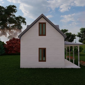 May include: A white farmhouse with a gabled roof and a covered porch. The house has two windows on the side and is surrounded by green grass and trees.