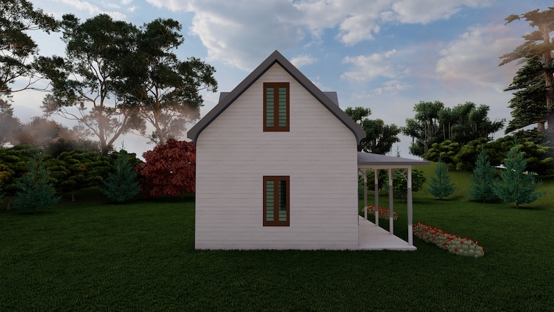 May include: A white farmhouse with a gabled roof and a covered porch. The house has two windows on the side and is surrounded by green grass and trees.
