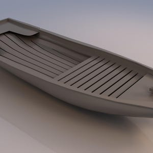 May include: A gray wooden rowboat with a flat bottom and a pointed bow. The boat has a wooden seat and a small wooden oarlock.